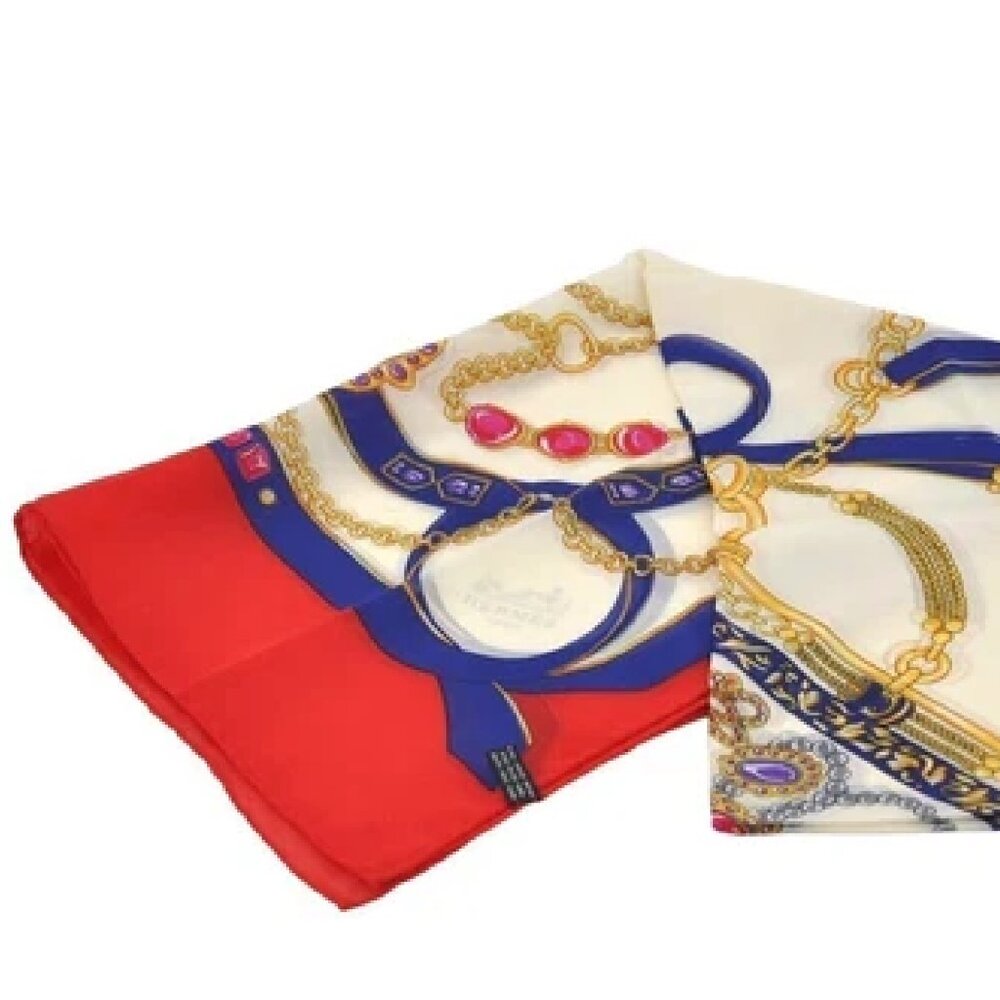 Authentic HERMES Scarf Fine Motif Silk Mousseline Red Rectangular 145 CM X 52 CM